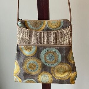 Maruca Spree Handmade Jacquard Circle Pattern Crossbody Bag Tan Aqua Gold NWOT